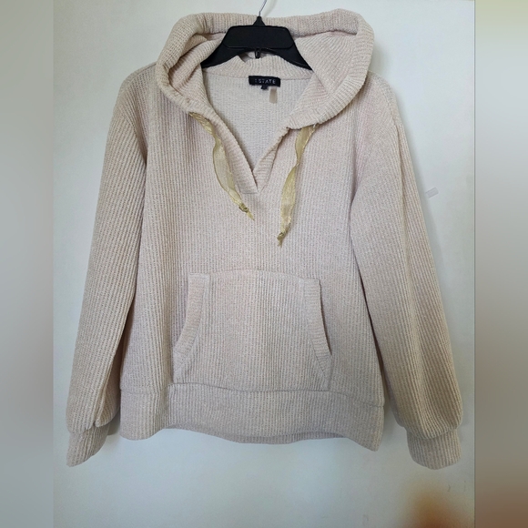 1. State Sweaters - 1.STATE Beige Hooded Waffle Knit Pullover Sweater with Pocket – Size S